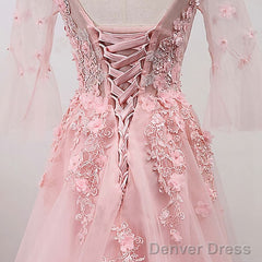 Pink Lace A Line Long Tulle Prom Dresses