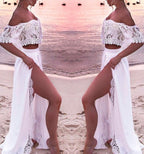 Sexy Off Shoulder White Long Two Piece Slit Prom Dresses
