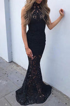 Mermaid High Neck Sleeveless Black Lace Prom Dresses