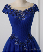 Long Neck Appliqued Wedding Dress Royal Blue Wedding Party Dresses