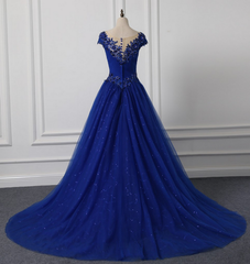 Lange nek Appliqued trouwjurk Royal Blue Wedding Party -jurken