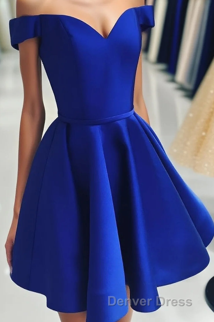 A Line Off The Shoulder V Neck Cheap Royal Blue Short Knee Length Taffeta Dc07 Prom Dresses