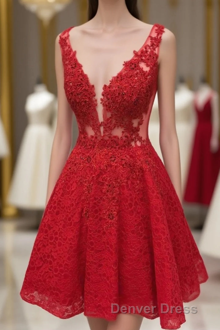 Cute Red Lace Appliques Short V Neck Sleeveless Mini Dc14 Prom Dresses Main image