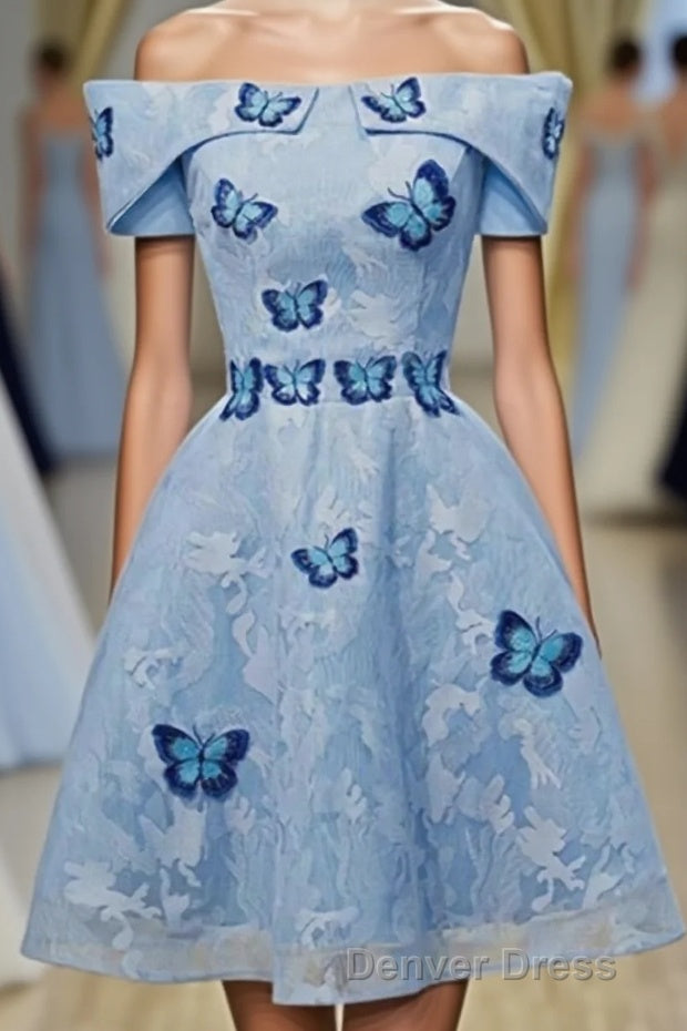 Sky Blue Off Shoulder Lace Short Lace With Butterfly Appliques A Line Off The Shoulder Dc51 Prom Dresses Main image