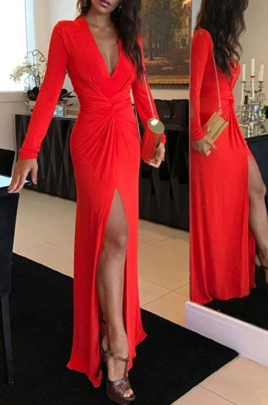 Long Red Long Sleeves V Neck Prom Dresses Main image