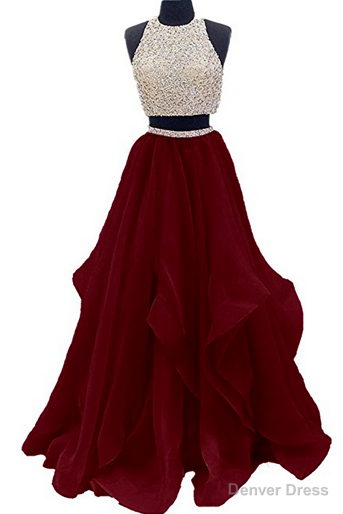 Two Piece Floor Length Burgundy Beaded Prom Dresses Main image