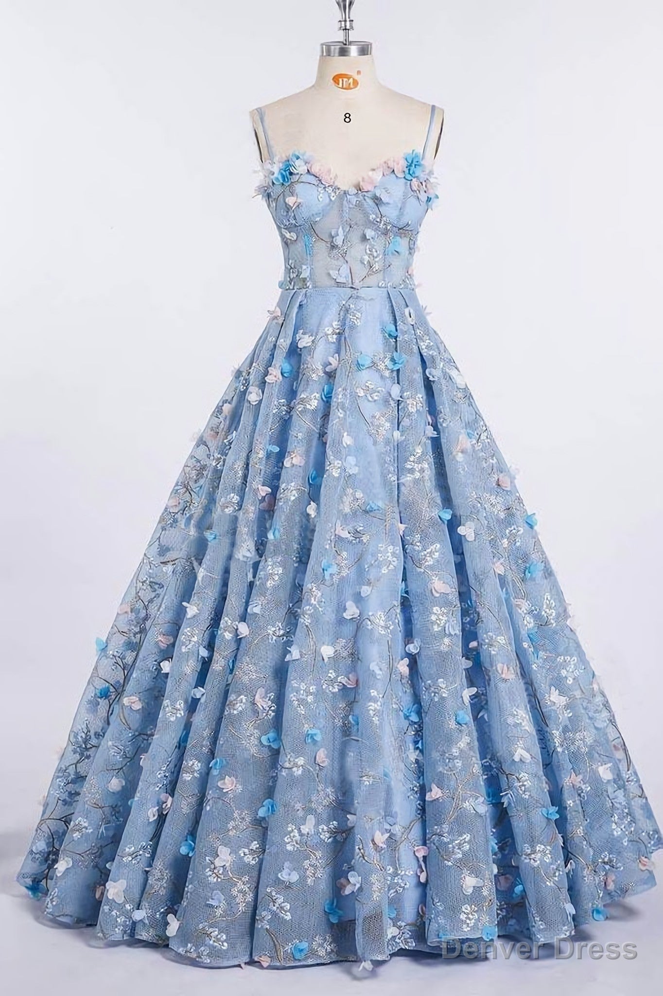 Princess Spaghetti Strap 3D Flower Applique Sky Blue Prom Dresses Main image