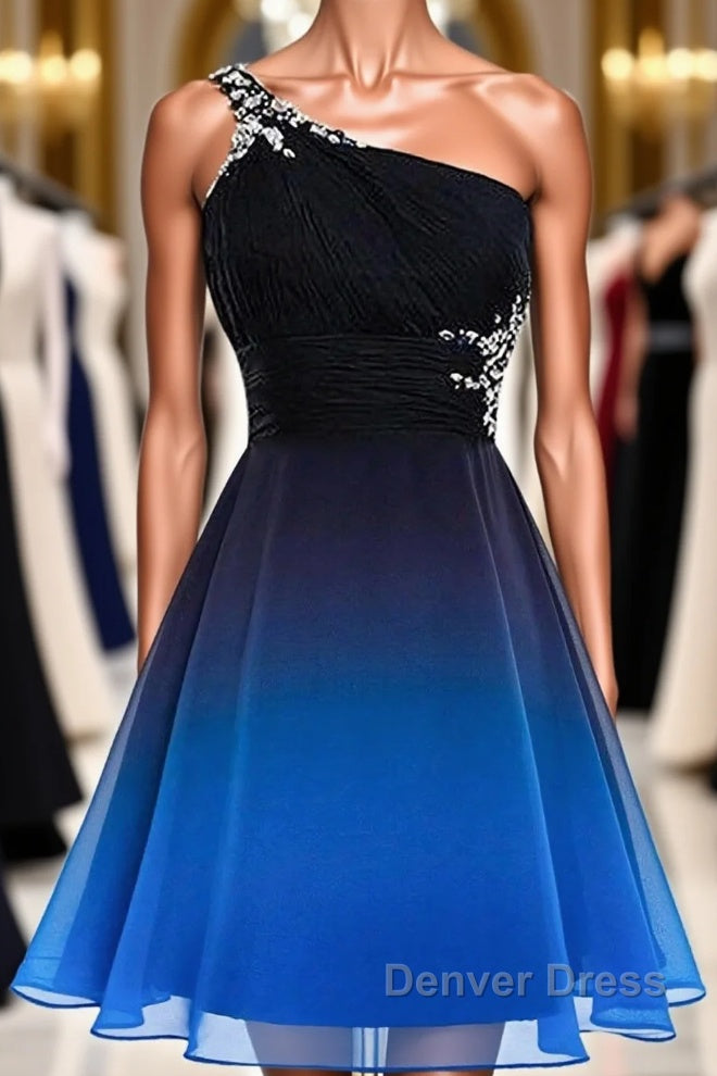 A Line Ombre Blue And Black One Shoulder Short Dc289 Prom Dresses