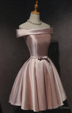 Pink Satin Off Shoulder Cute 2026 Pink Homecoming Dresses