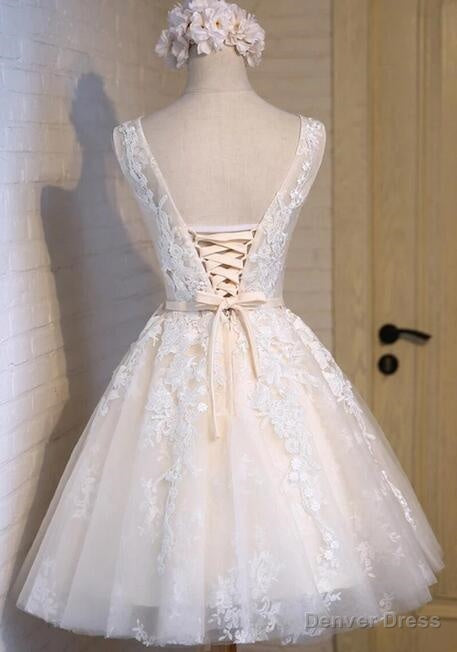 scoop neckline short ivory lace cute homecoming Dress perfect affordable short Prom Dresses Main image
