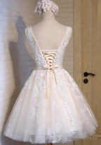 scoop neckline short ivory lace cute homecoming Dress perfect affordable short Prom Dresses