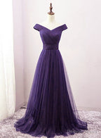 Long Purple A-line Off the Shoulder Tulle Prom Dresses