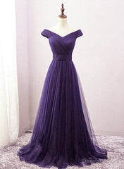 Long Purple A-line Off the Shoulder Tulle Prom Dresses