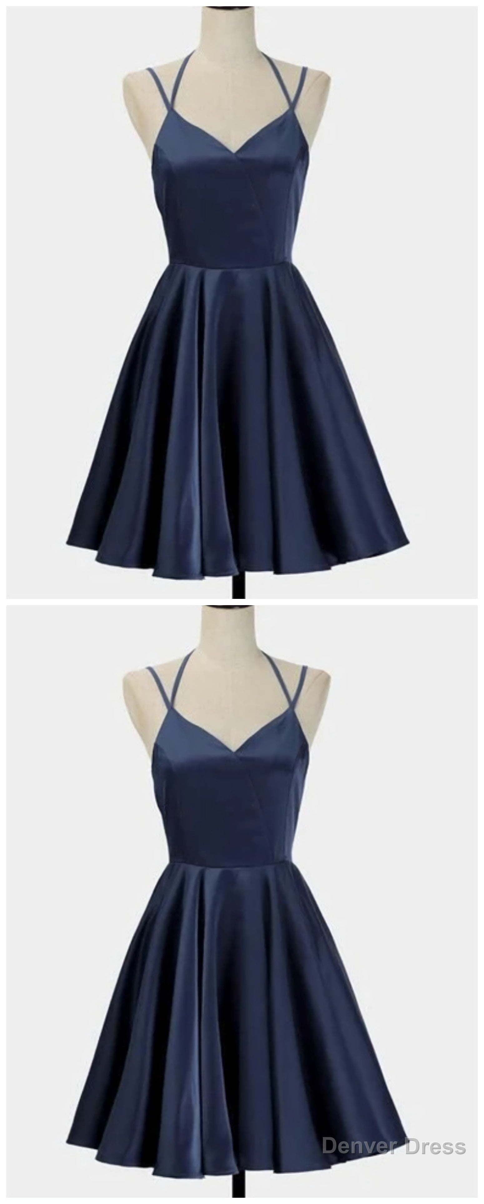 Spark Queen Simple Short Blue Sleeveless V Neck Mini Evening Dress, Women Dress, Satin Ruffles Spaghetti Straps Homecoming Dress Secondary image