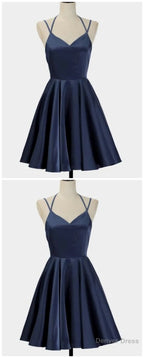 Spark Queen Simple Short Blue Sleeveless V Neck Mini Evening Dress, Women Dress, Satin Ruffles Spaghetti Straps Homecoming Dress
