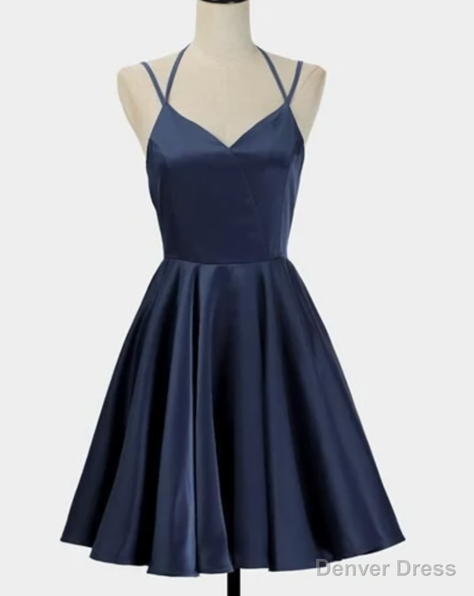 Spark Queen Simple Short Blue Sleeveless V Neck Mini Evening Dress, Women Dress, Satin Ruffles Spaghetti Straps Homecoming Dress Main image