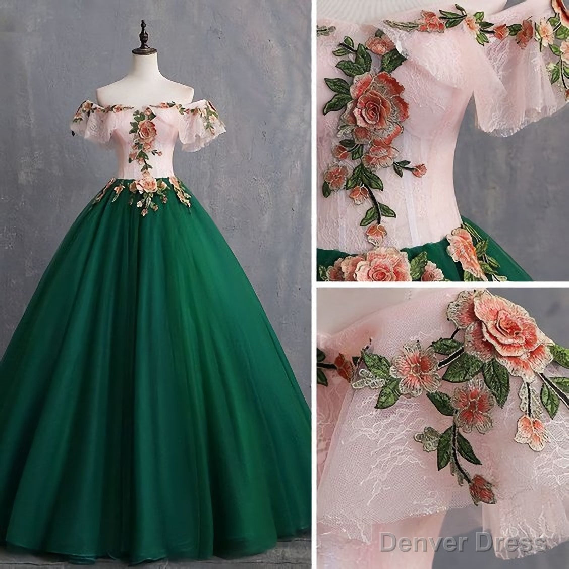 Vintage Dark Green Prom Dresses, Ball Gown Appliques Lace Off The Shoulder Short Sleeve Backless Floor Length Long Formal Dresses Secondary image