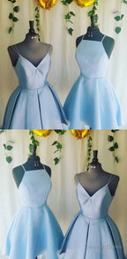 A Line V Neck Light Sky Blue Short Homecoming Dresses With Pleats