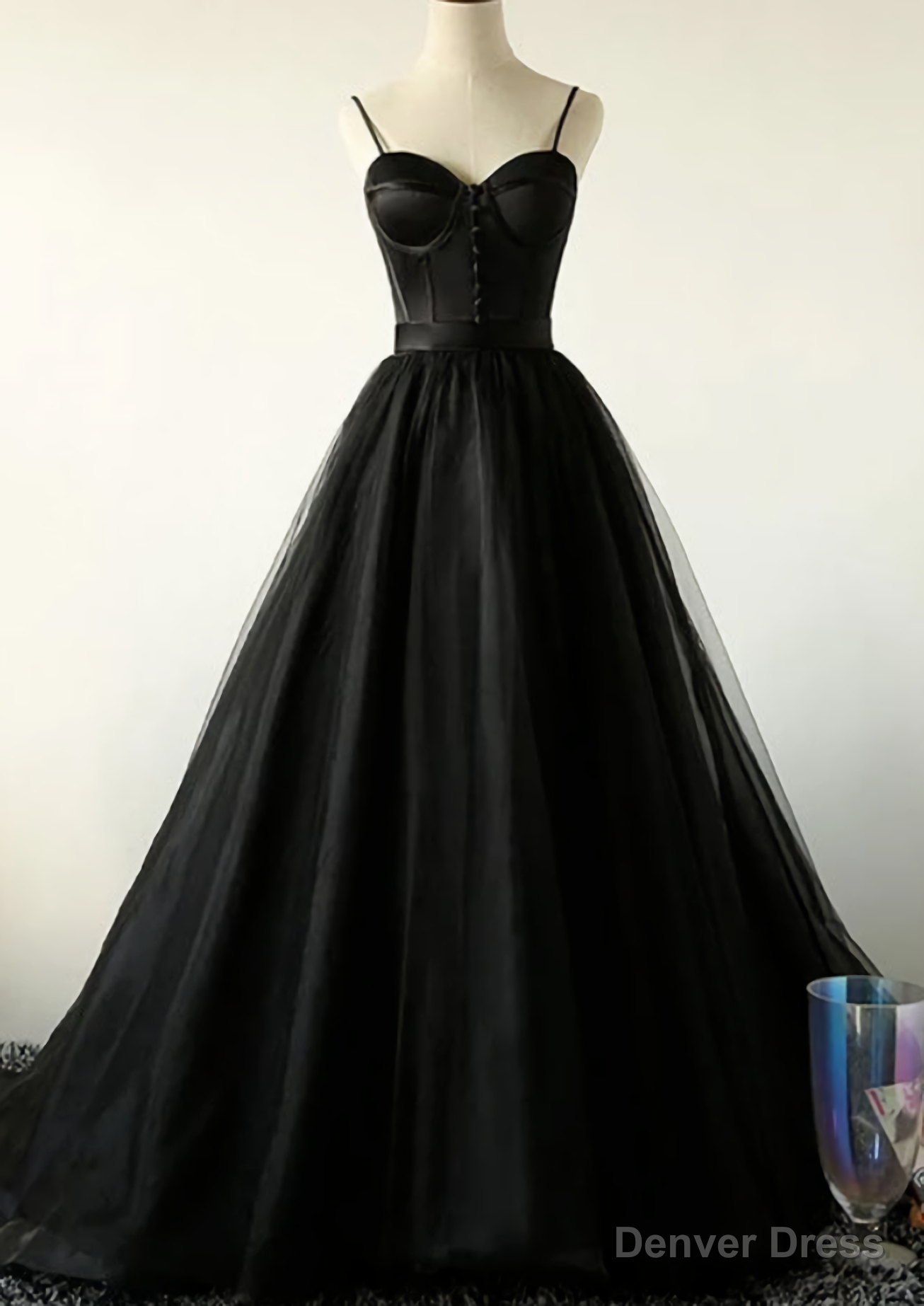 Ball Gown Spaghetti Straps Black Tulle Prom Dress, Long Brush Sweep Train Prom Dress Main image