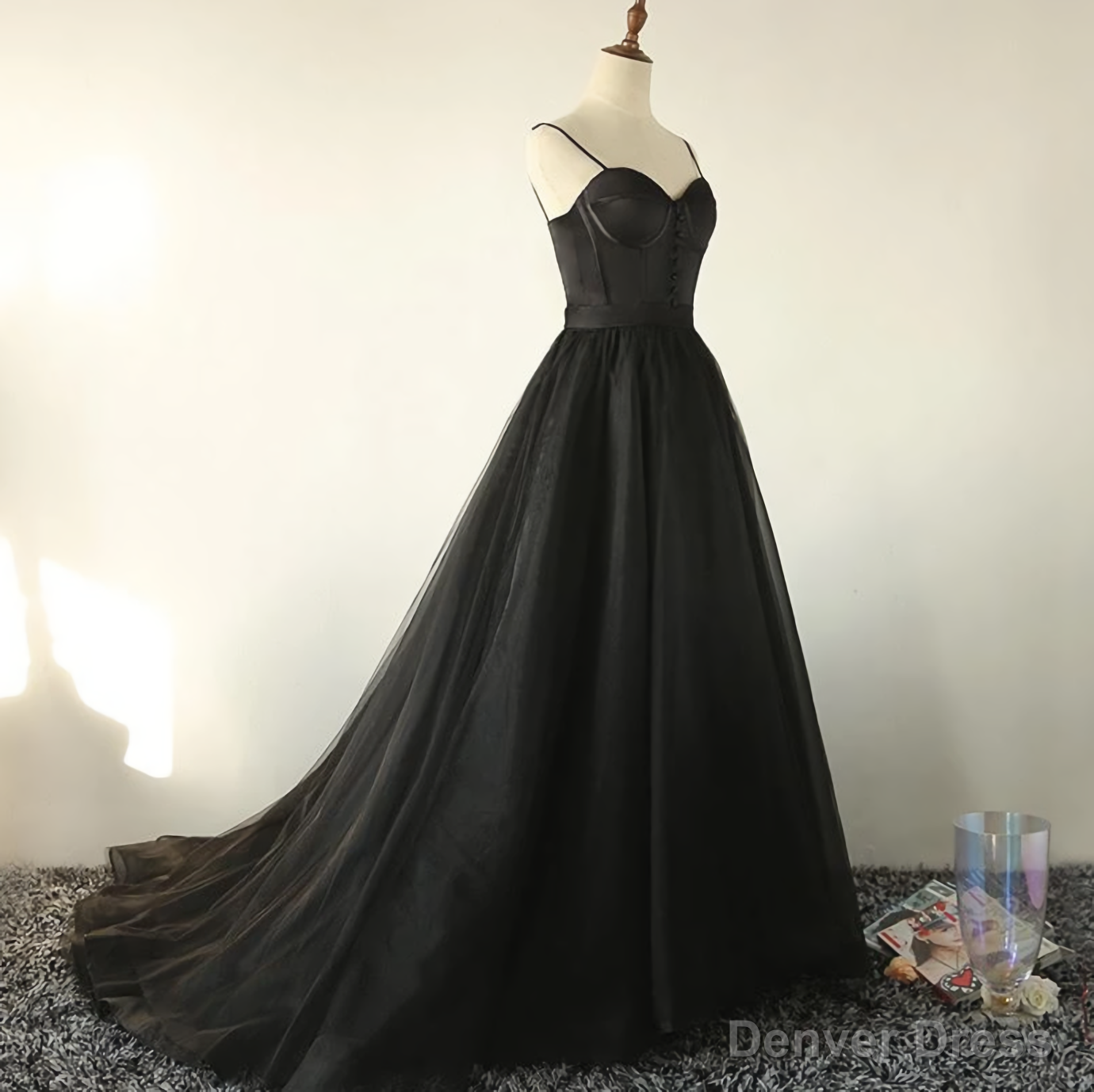 Ball Gown Spaghetti Straps Black Tulle Prom Dress, Long Brush Sweep Train Prom Dress Secondary image