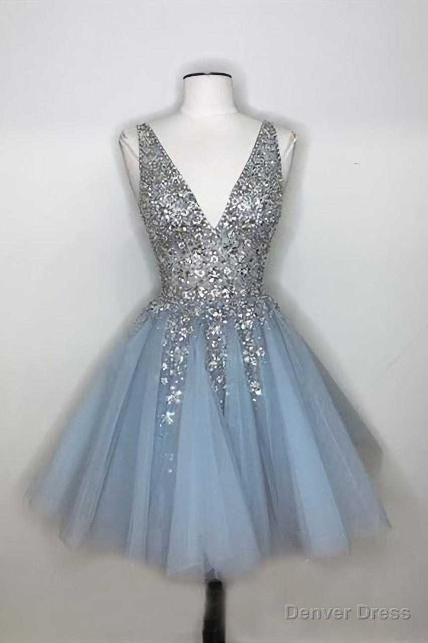 Sparkly A-line Deep V-neck Light Blue Short Homecoming Dresses Secondary image