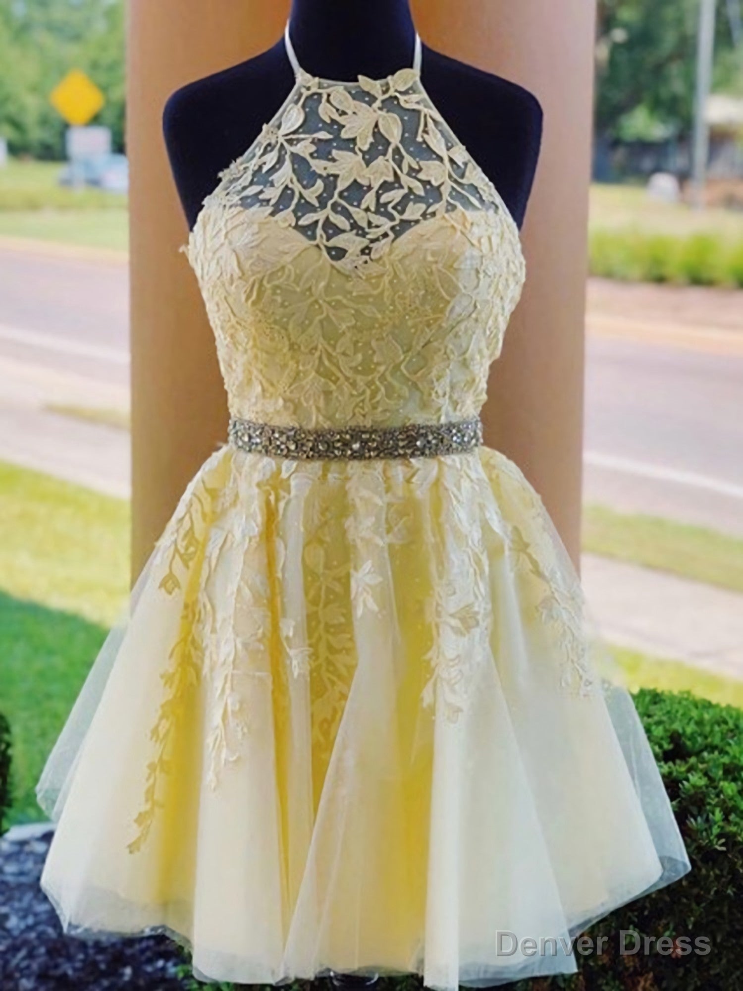 Charming A-Line Halter Cross Back Yellow Tulle Short with Appliques Homecoming Dresses Main image