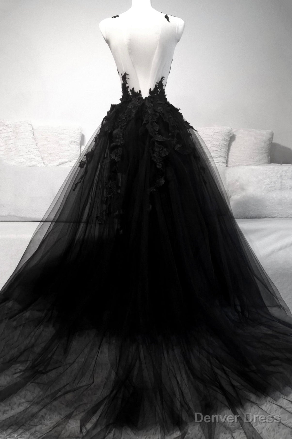 Black Tulle Long Prom Dresses, A-Line Lace Evening Party Dresses Secondary image
