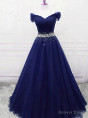 Dark Blue Beaded Tulle A Line Party Dress, Long Prom Dress