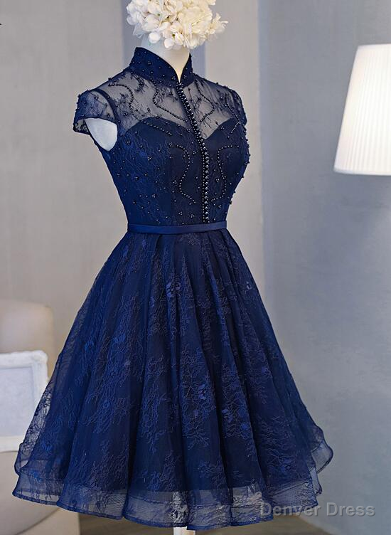 Beautiful Navy Blue Knee Length Lace Prom Dress, Homecoming Dresses