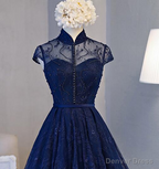 Beautiful Navy Blue Knee Length Lace Prom Dress, Homecoming Dresses