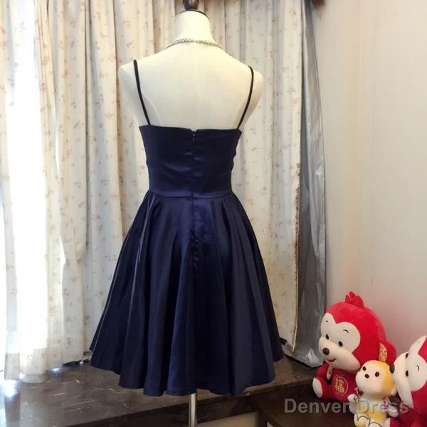 Simple Navy Blue Satin A Line V Neck Short Prom Dress, Homecoming Dress Secondary image