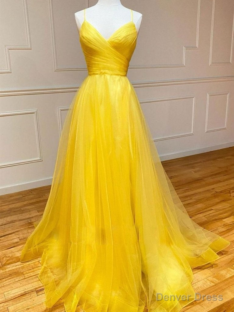 Simple V Neck Backless Yellow Tulle Long Prom Dresses, V Neck Yellow Long Formal Evening Dresses Main image