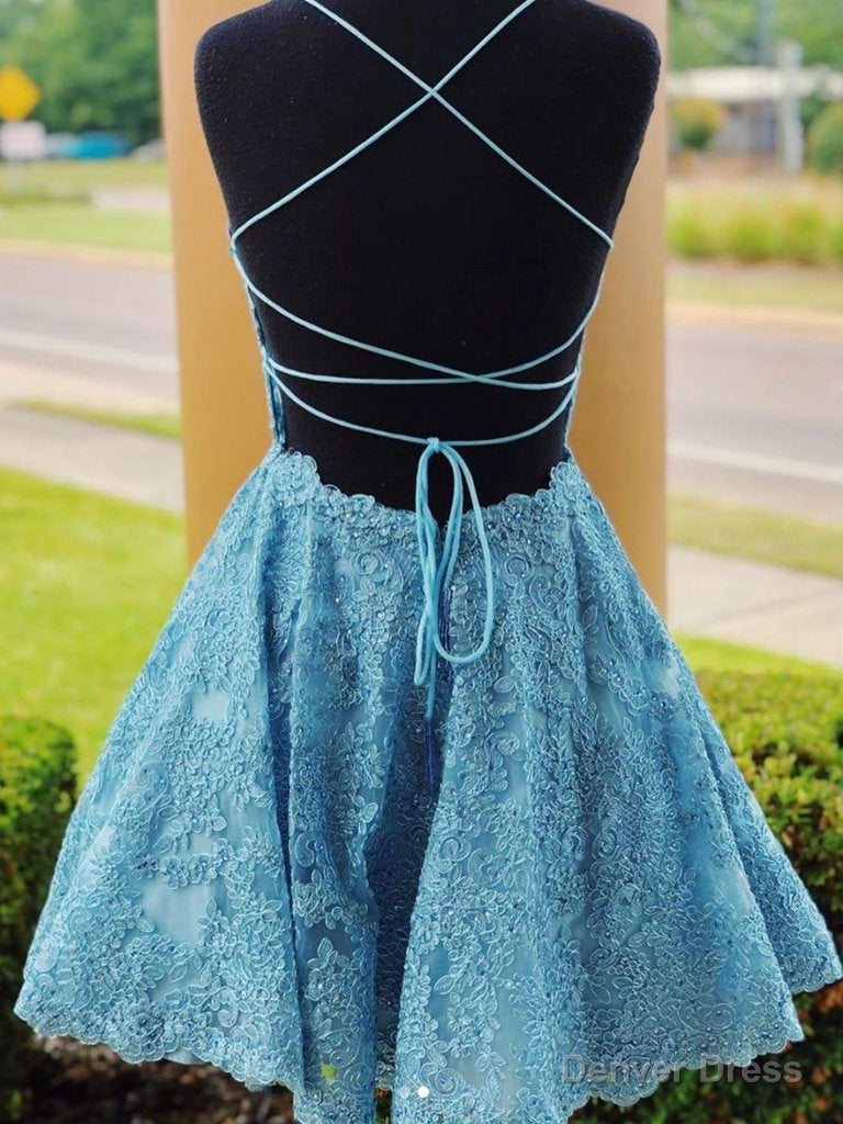 A Line Backless Lace Blue Short Prom Dress, Homecoming Dress, Backless Blue Lace Prom Graduation Prom Dresses