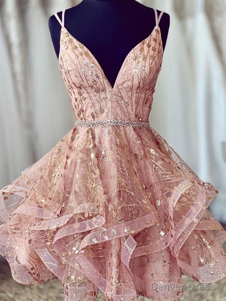 A Line V Neck Short Lace Prom Dress, Cross Back Short Champagne Lace Prom Homecoming Dresses