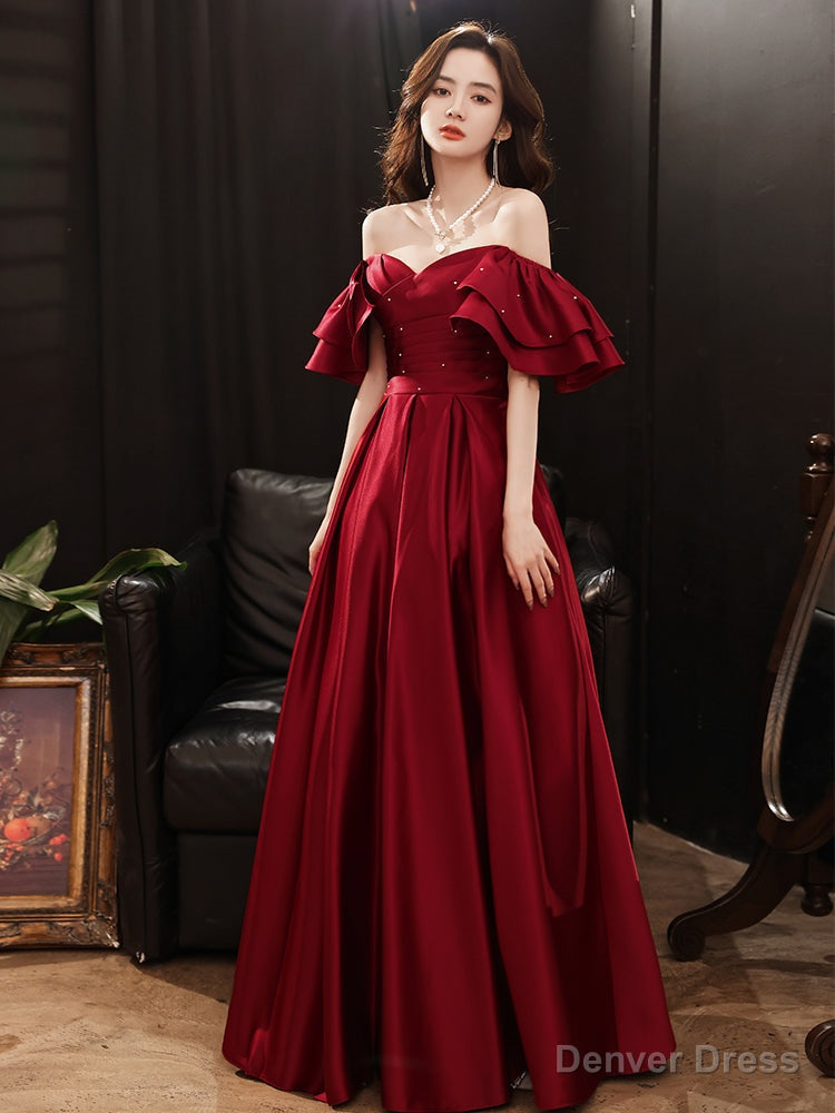 Dark Red Satin Style Off Shoulder Long Prom Dress, A-line Long Formal Dress