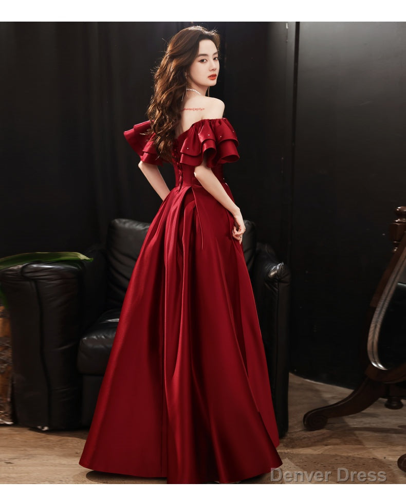 Dark Red Satin Style Off Shoulder Long Prom Dress, A-line Long Formal Dress Secondary image