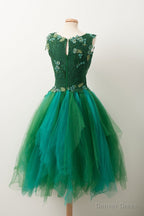 Unique V Neck Green Tulle Lace Short Prom Dress, Green Homecoming Dresses