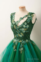 Unique V Neck Green Tulle Lace Short Prom Dress, Green Homecoming Dresses