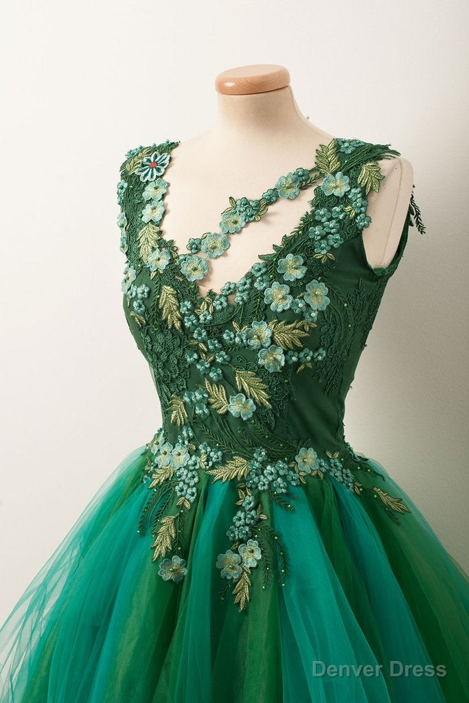 Unique V Neck Green Tulle Lace Short Prom Dress, Green Homecoming Dresses