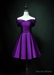 Cute Short Sweetheart Satin Off Shoulder Purple Short Prom Dresses