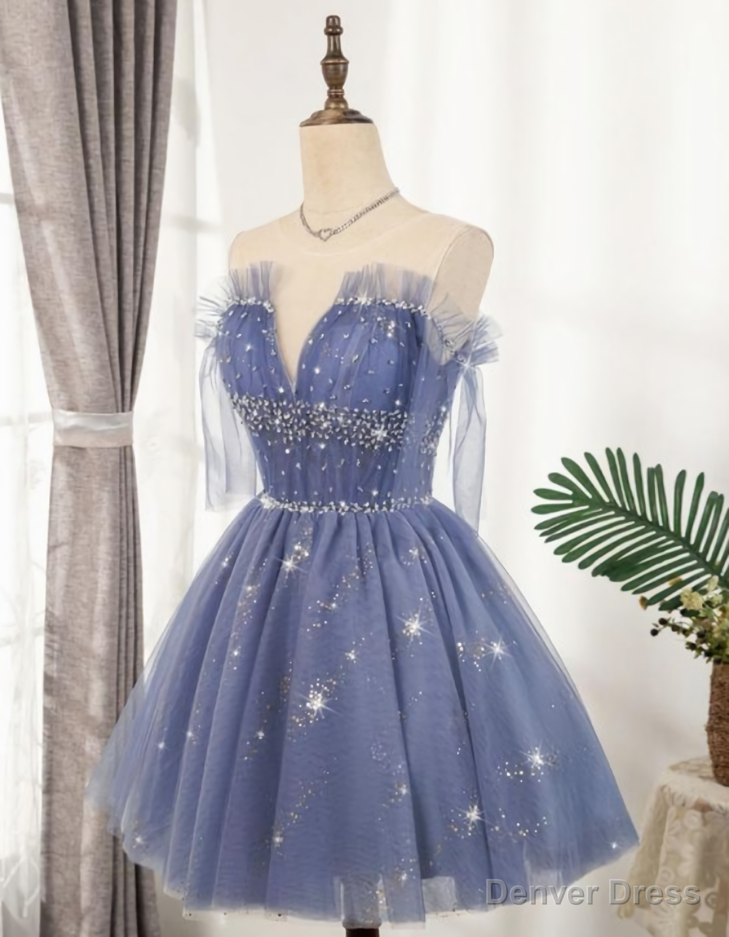 Flowy Cute A Line Blue Homecoming Dresses, Short Beading Main image