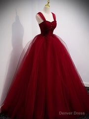 Burgundy Sweetheart Tulle Long Prom Dress, Burgundy Evening Dress