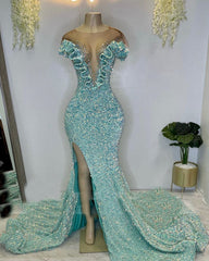 Pailletten helle Blue Prom Kleider, Meerjungfrau Prom -Kleider, Rüschenseitenschlitz Custom Make Evening Kleider machen