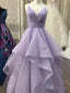 Beautiful Lavender Shiny Tulle Straps Long Prom Gowns, Light Purple Prom Dresses