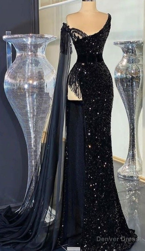 Tassels Black Formal Party Dresses Sparkly Sequined One Shoulder Arabic Dubai Fashion Prom Dresses Main image