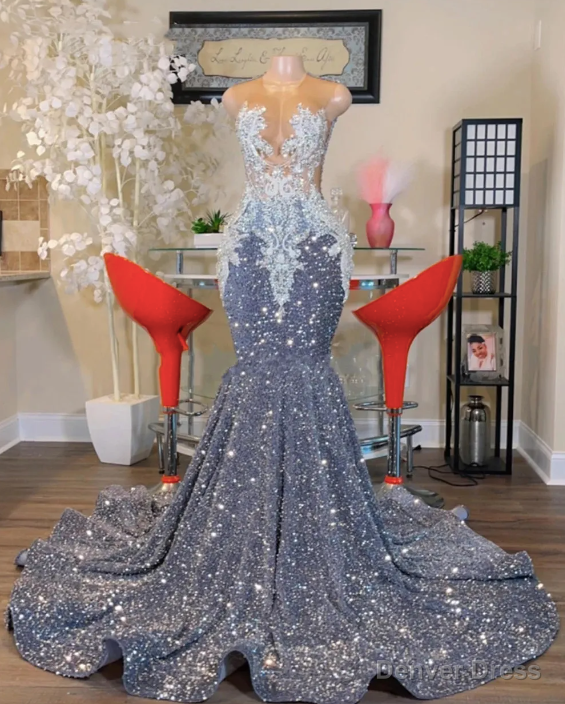 O Neck Silver Prom Dress, Plus Size Sparkly Prom Dress, Beaded Applique Prom Dresses Main image