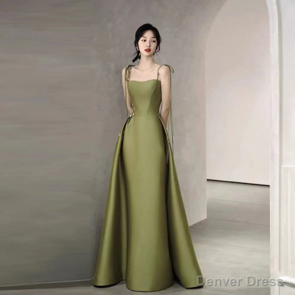 Simple A Line Straps Dark Green Satin Prom Dresses Main image
