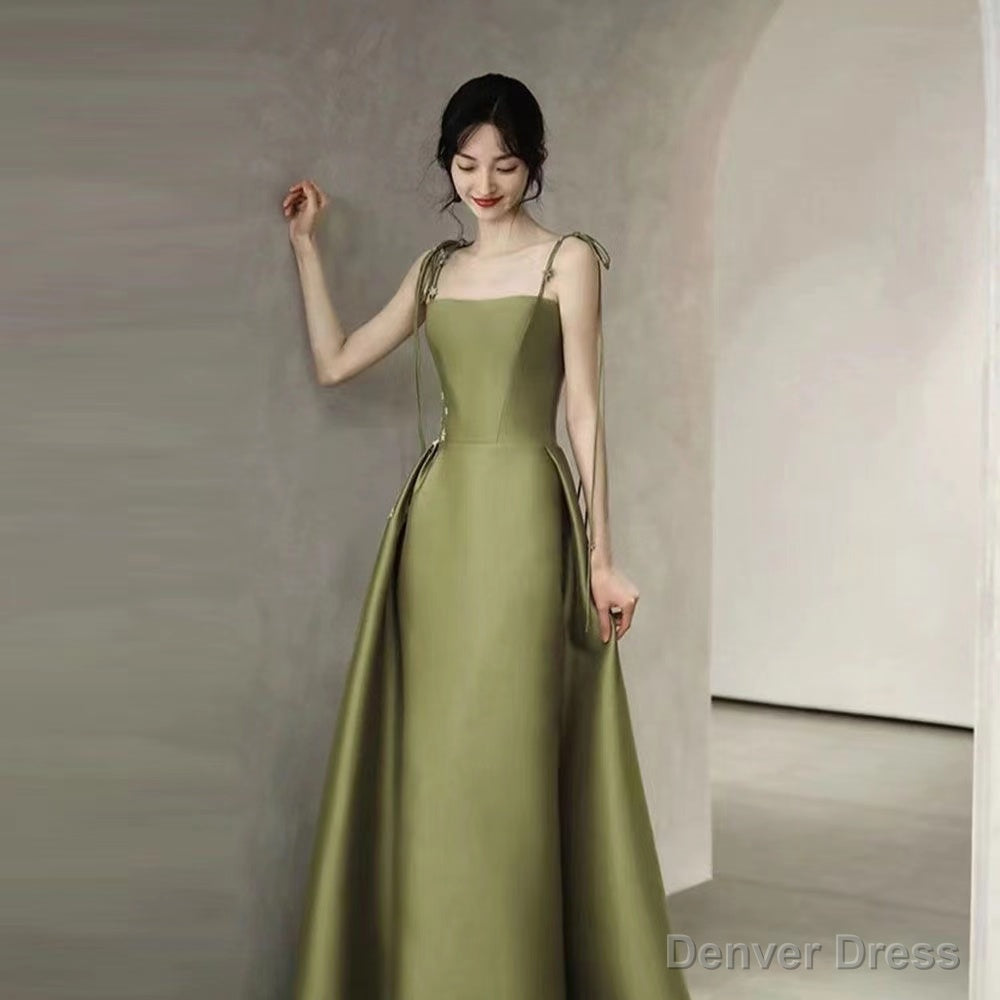 Simple A Line Straps Dark Green Satin Prom Dresses Secondary image