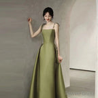 Simple A Line Straps Dark Green Satin Prom Dresses