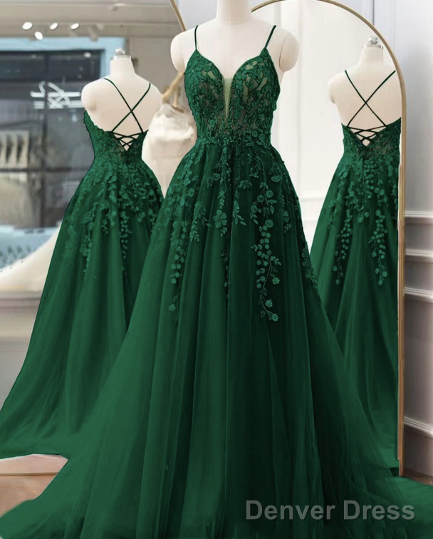 Spaghetti Strap Green Prom Dresses Lace Applique A Line Elegant Prom Gown Pageant Dresses For Women Main image